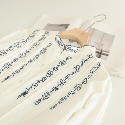 Lamtrip Vintage Vine Embroidery Cotton 100% Long Sleeve White Shirt Mori Girl Blouse 2021 Spring