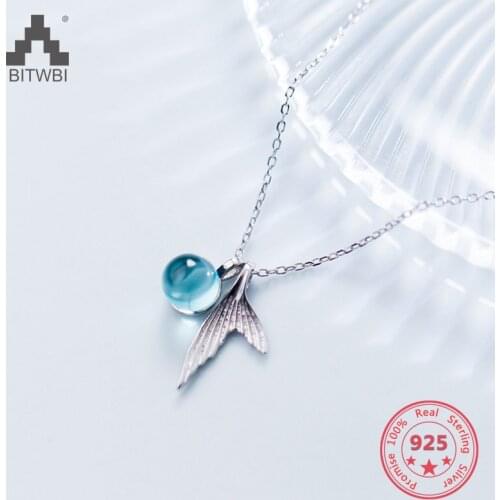 S925 sterling silver necklace female fashion simple mermaid tail necklace sweet blue crystal clavicle chain female