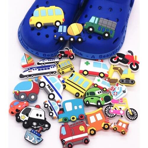 1Pcs Transportation Shoe Charms Car Bus Colorful Fire Truck DIY Fit Shoes Buckle Accessories Wristband Kids Gift