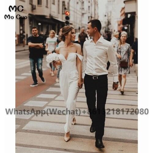2021 Off Shoulder Jumpsuit Wedding Dresses Long Short Sleeves Dresses For Nigerian Wedding White Bridal Gowns
