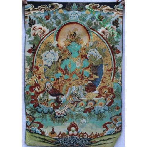 36 inch Tibet Buddhism Silk embroidery Seat Green Tara Buddhism Thangka Painting Mural