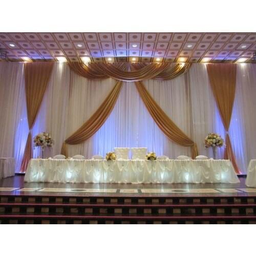 Free Shipping white Wedding backdrop with Gold swags 3M Tall x 6M Length stage curtain wedding decoration