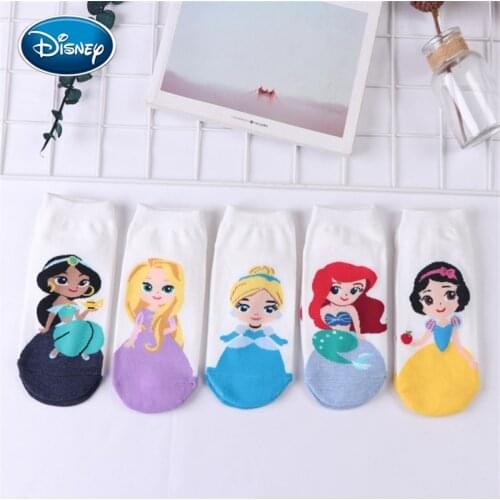 Disney 5pair sock Girl Snow White / Mermaid / Cinderella / Princess Cartoon Cotton Socks sports cute casual socks women
