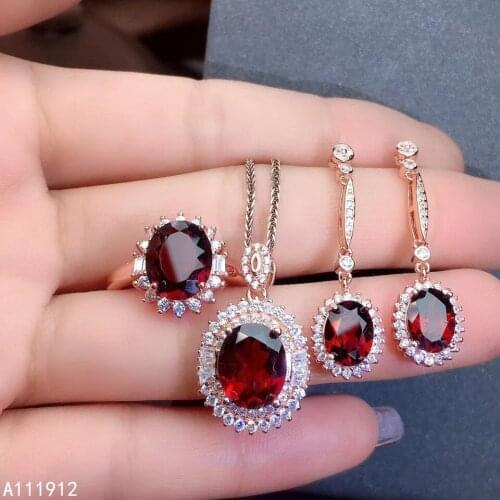 KJJEAXCMY fine jewelry natural garnet 925 sterling silver new women pendant necklace ring earrings set support test beautiful