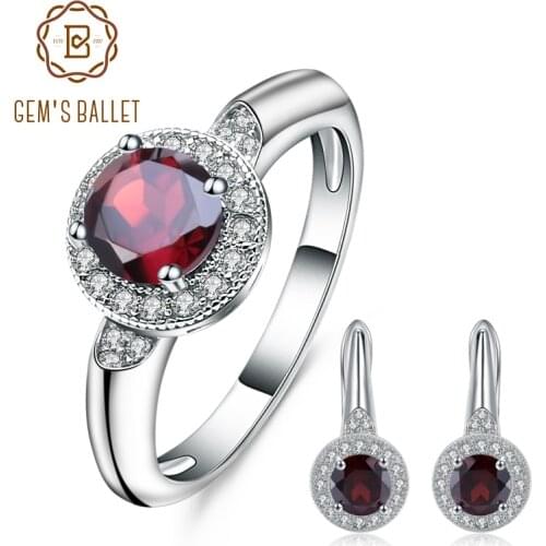 GEMS BALLET 3.15Ct Natural Red Garnet Earrings Ring Set 925 Sterling Silver Gemstone Classic Jewelry Set For Women Fine Jewelry