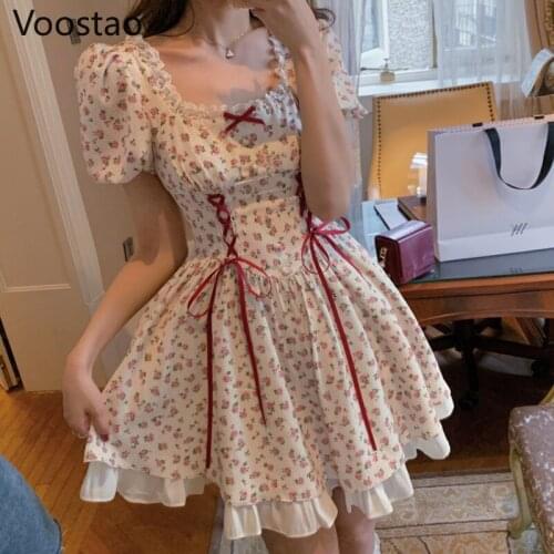 Summer Sweet Lolita Style Princess Dress Women Vintage Lace Puff Sleeve Floral Print Mini Dress Girls Cute Ruffles Lace-Up Dress