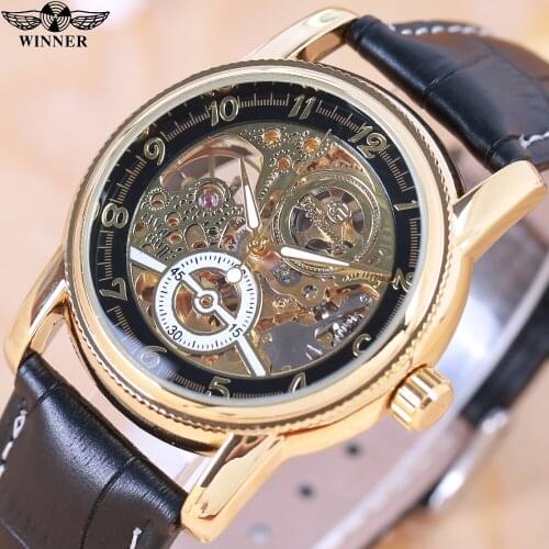 Top Brand Luxury WINNER Transparent Golden Case Luxury Casual Design Brown Leather Strap Mens Watches Mechanical Skeleton Watch