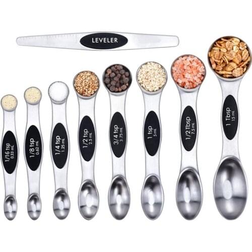 Magnetic Double Head Stainless Steel Measuring Spoon 9-Piece Baking Tool with Scale Scraper Measuring Spoon