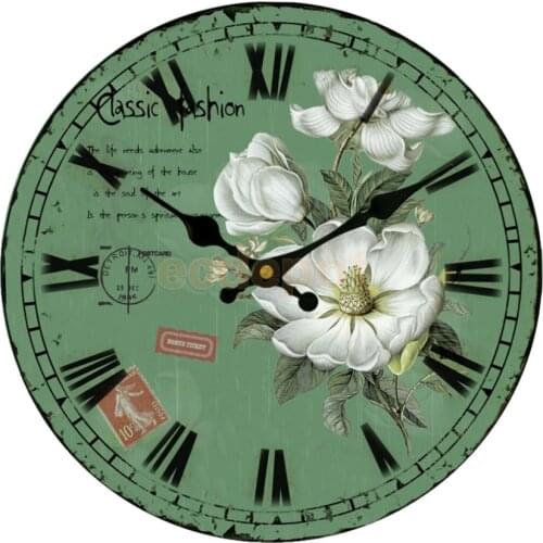 MagiDeal 14Inch Round Pastorale Flower Pattern Wall Clock Wooden 12-hour Display For Home Bedroom Living Room Home Decor