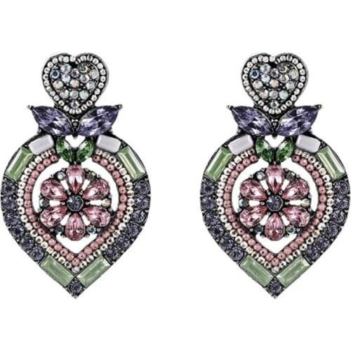 Fashion Retro Color Luxury Full Rhinestone Heart-shaped Hollow Stud Earrings for Women Big Earrings Jewelry