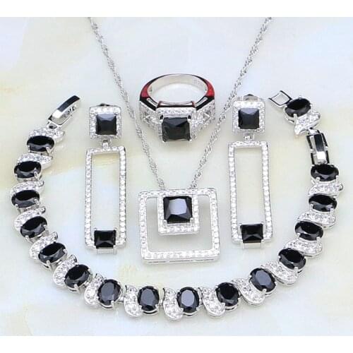 Black Stones White Cubic Zirconia 925 Silver Jewelry Sets For Women Wedding Earring/Pendant/Necklace/Bracelet/Ring