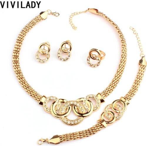 VIVILADY Classic Rhinestone Jewelry Sets Women Fashion African Round Gold Color Necklaces Bracelets Earring Ring Accessory Gift