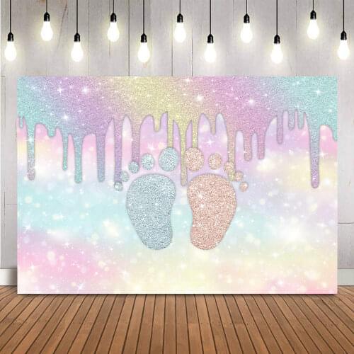 Newborn Baby Shower gender reveal backdrop bokeh glitter birthday background for photo studio colorful blue and pink footprint
