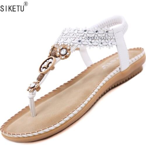 New Bohemian Womens Sandals Fashion Retro Sewing Beach Shoes Rhinestone Design Soft Elastic Band Clip Toe Sandals SIKETU Brand