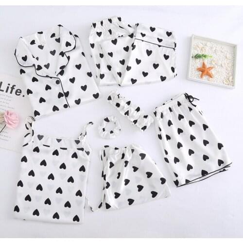 JULYS SONG 7 PCS Faux Silk Satin Women Pajamas Set Heart Prined Leisure Homewear Spring Summer Long Sleeve Female Sleepwear