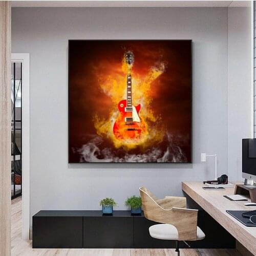 Guitar In Fire Poster Bar Cafe Vintage Music Canvas Painting Modern Prints and Posters Wall Pictures for Living Room Home Decor