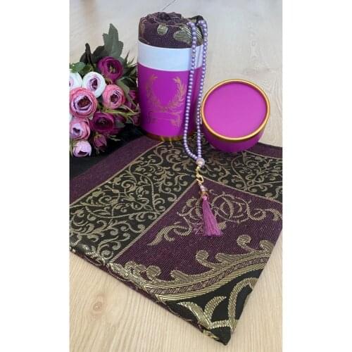 Dowries Gift Boxed Purple Prayer Rug Set Luxury Taffeta Prayer Rug