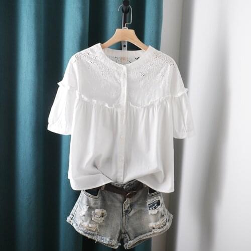 Lamtrip Sweet Floral Embroidery Ruffles Half Sleeve Cotton Stand Collar Shirt Blouse 2021 Summer