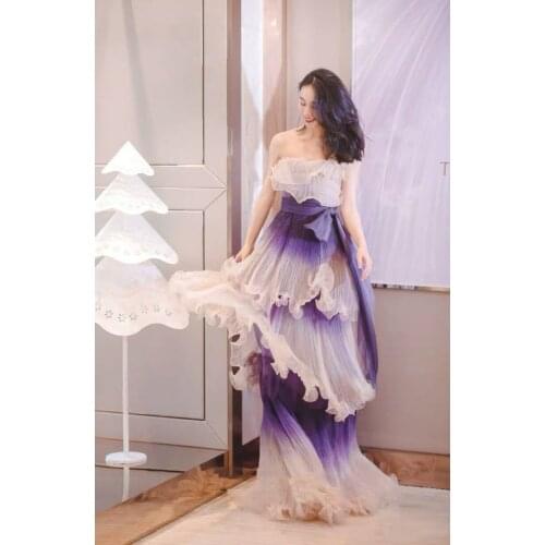 Sexy Purple White Gradient Prom Dresses 2020 A-line Ruffle Bow Strapless Tiered Dress Backless Party Dress vestidos robe LE40774