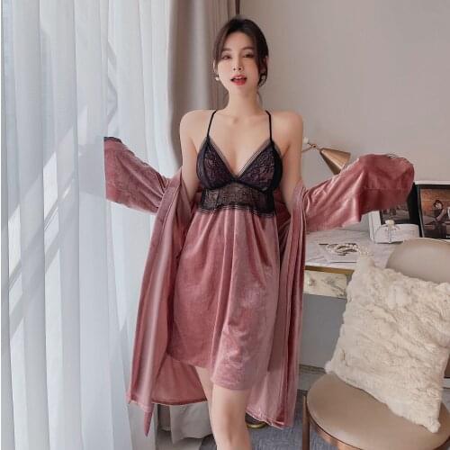 Sexy Black Lace Lady Robe Sets Bride Velour Dressing Kimono Gown Strap Top Nightgown Bathrobe Autumn Underwear Home Skirt M-XL