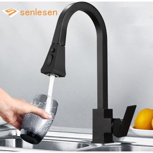 Senlesen Kitchen Pull Out Faucet Black Brass Deck Mounted Tap Double Water Outlet Modes Hot and Cold Water