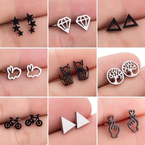 Stainless Steel Geometric Stud Earrings for Women Punk Black Star Earings Small Tree of Life Ear Piercing Jewelry Pendients