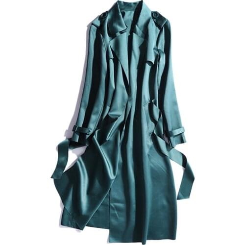 Women‘s Length Lapel Mulberry Silk Trench Coat high quality trench coat for women fall peaked lapel plus size long overcoat