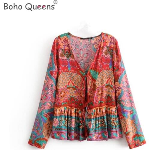 Boho Queens happie women floral printed lace-up blouse ladies long sleeve v-neck bohemian rayon blouse boho shirts