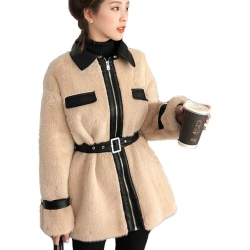 New Faux Mink Fur Parka 2019 Spring Women Office Coat Velvet Stitching Plush Pu Leather Jacket Slim Fit Belt Overcoat Best Pj347