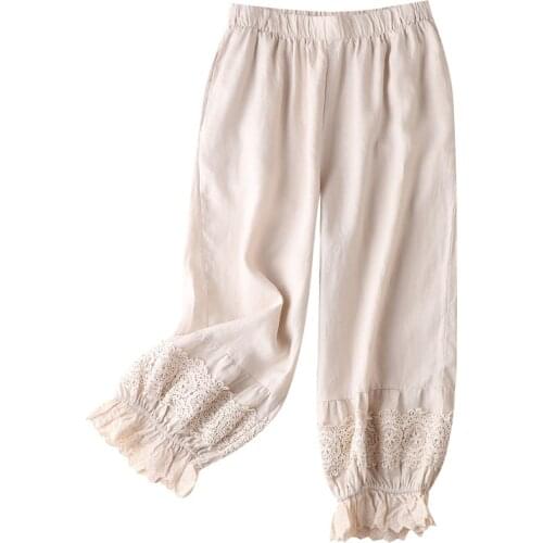 Shuchan Women Bottoms Pants Linen Elastic Waist Calf-Length Pants Lounge Wear Women 2021 Sleepwear Pants
