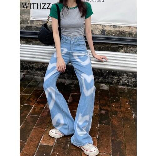 WITHZZ Summer Womens Straight Heart-shaped Painted Denim Trousers Female Casual Loose Thin Jeans