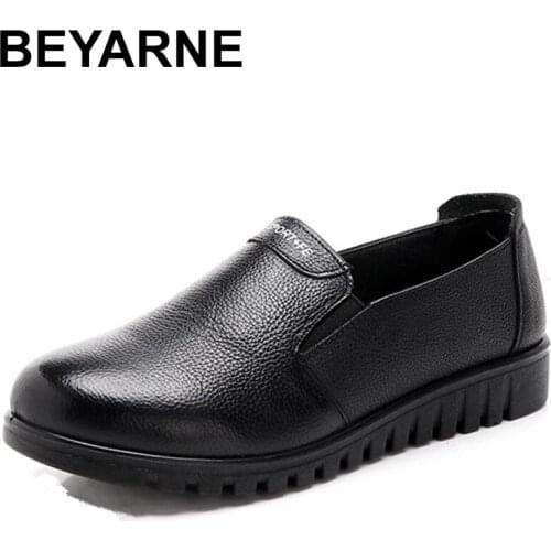 BEYARNE Genuine Leather Women Flats Shoes Woman Slip On Casual Shoes Ladies Soft Comfortable Flat Shoes Plus Size 35-41