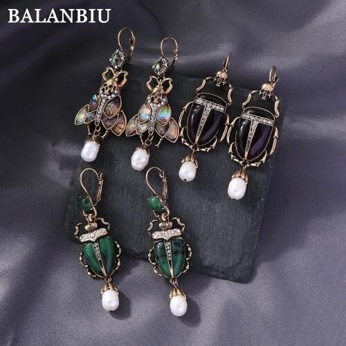BALANBIU Vintage Beetle Drop Earrings For Women Dark Color Resin Insect Cultured Pearl Crystal Punk Skeleton New Fashion Jewelry