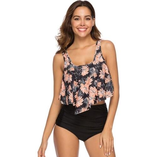 Women Solid Color Swimwear Soft Ruffle Vest Top High Waist Bikini Suit Swimsuit Lady Print Floral Beachwear Bathing Suit 2021 Ne