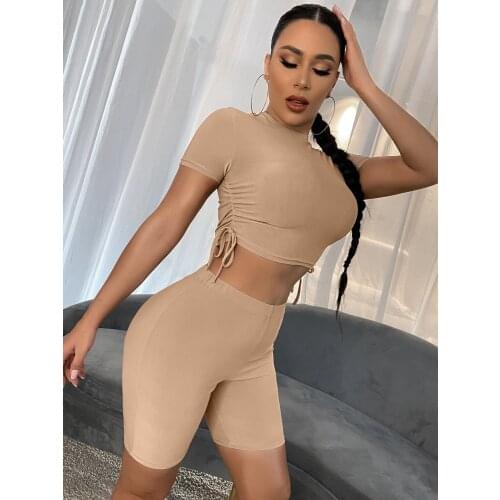 Womens Short Sleeve Ruched Drawstring Side Crop Top Tee T-Shirt 2 Piece High Waist Soft Stretch