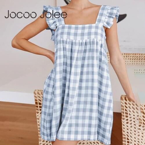 Jocoo Jolee Women Plaid Ruffle Square Collar Summer Ruched Flying Sleeve Casual Mini Dress Loose Backless Elegant Sweet Club