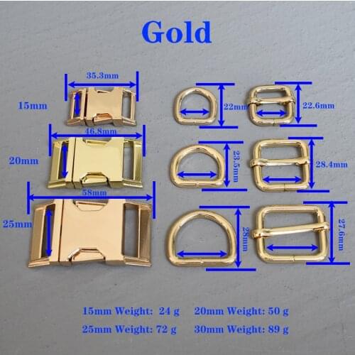 1 Set 15/20/25mm Webbing Metal Hardware Gold Slider D Ring Release Belt Buckle For Dog Collar Paracord Sewing Accessory