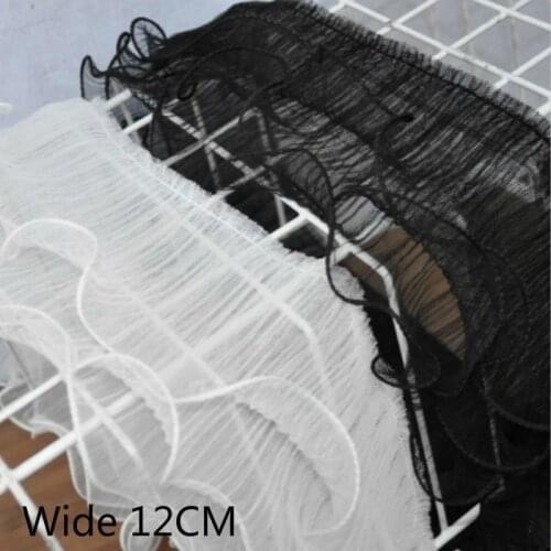 12cm Wide White Black Luxury Tulle Lace Pleated Chiffon Ruffle Trim Ribbon Collar Applique Wedding Dress DIY Sewing Supplies
