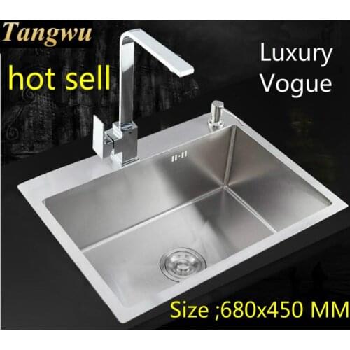 Free shipping Apartment luxurious large kitchen manual sink single trough high quality 304 stainless steel hot sell 68x45 CM