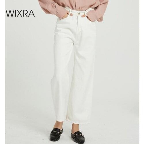 Wixra Womens Wide Leg Pants Pockets Stylish Loose White Solid High Waist All Base Match Long Trousers Spring Autumn
