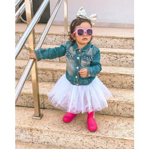 Children Autumn Blue Lapel Long-Sleeves Denim Jacket Beadings Heart-Shapes Sequin for Little Girls 9 Months to 5 Years