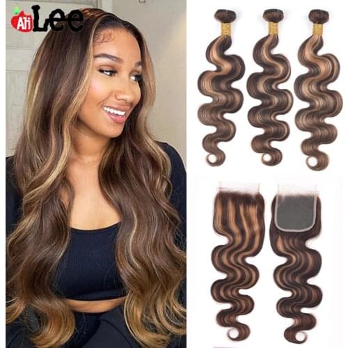 AliLee Highlight Colored Peruvian Hair Bundles With Closure Ombre P4/30 Remy Body Wave Human Hair Bundles With Closure