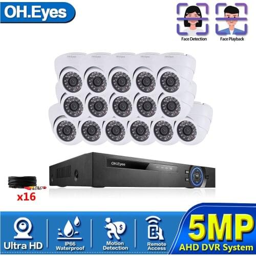 16Pcs CCTV Cameras Kit 5MP H.265 Outdoor Surveillance Kit 1080P IR Security Camera Video Surveillance System Set 16ch DVR Kits