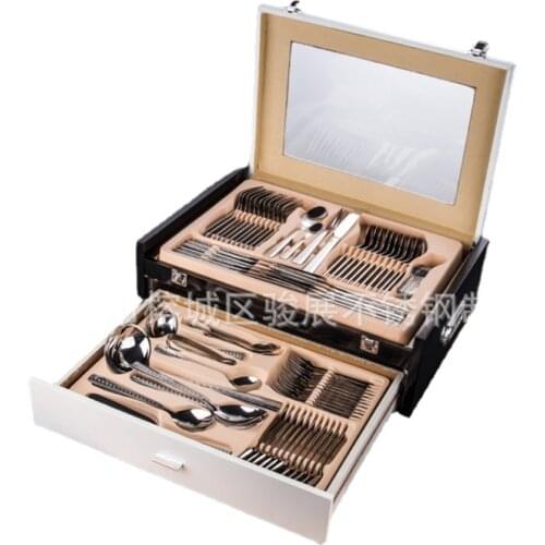 84-Piece Tableware Set Fork Spoon Knife Set Dinnerware Kitchen Device Sets Table Cutlery Black White Wooden Gift Box