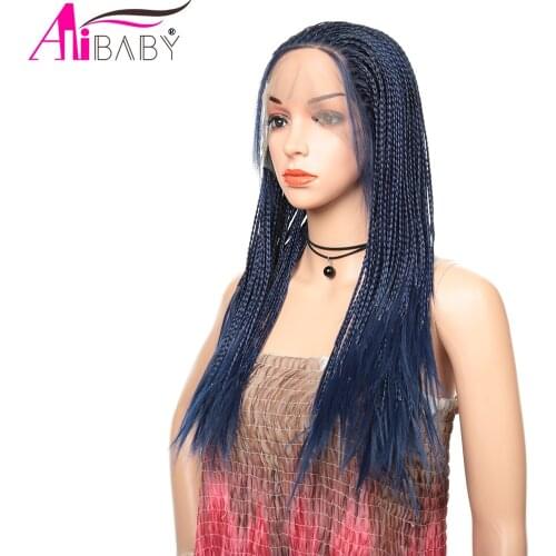 Long Box Cornrow Braided Wigs Synthetic Lace Front Wig Blue Box Braids African American Women Hairstyle Alibaby