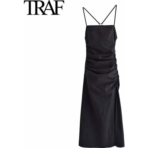 TRAF Women Fashion Black Dress Pleated Sexy Suspender Dresses Summer MIDI Dress Evening Long Party Dress Vestidos Mujer