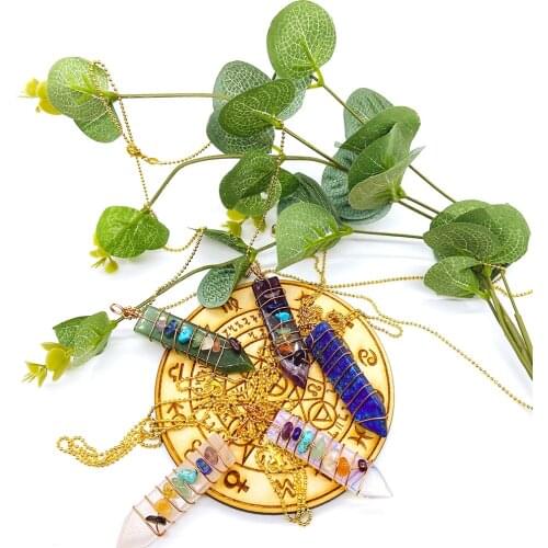 Natural Stone 7 Chakra Reiki Heal Pendants Irregular Gems Charm Column Shape Rose Quartzs for Necklace Bracelet Jewelry Making