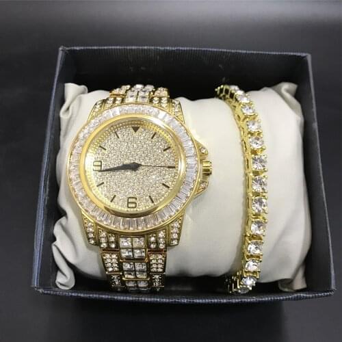 Luxury Men Gold Color Watch & Braclete Combo Watch Set Ice Out Cuban Jewerly Braclete Chain Crystal Miami Hip Hop For Men
