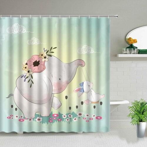 Cartoon Elephant Rabbit Shower Curtains Cute Animal Kids Bathroom Decor Home Bath Bathtub Waterproof Curtain Set Polyester Cloth