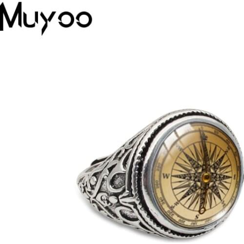 Vintage Compass Rose Pirate Treasure Hunting Navigation Compass Antique Rings for Men Handmade Compass Jewelry Retro Rings